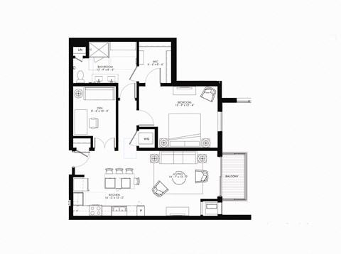 Floor plan for 1 bed, 1 bath, 995 sqft